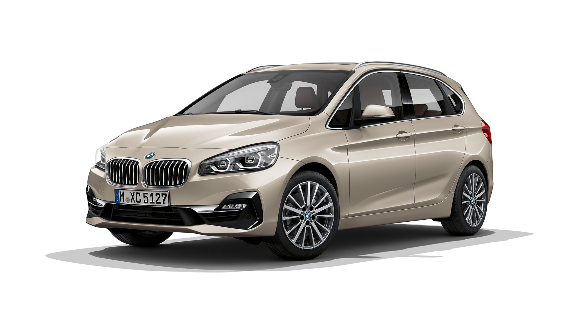 BMW 2 Series Active Tourer Model Luxury Line 225i xDrive F45 Jucaro Beige metallic three-quarter front view 