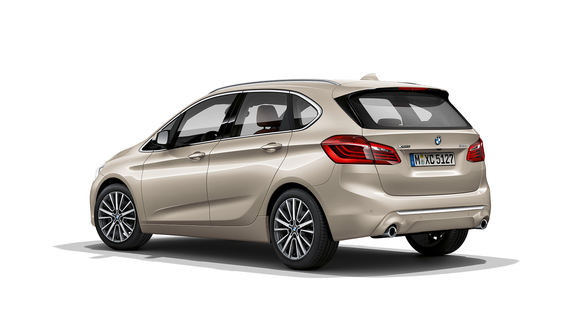 BMW 2 Series Active Tourer Model Luxury Line 225i xDrive F45 Jucaro Beige metallic three-quarter rear view