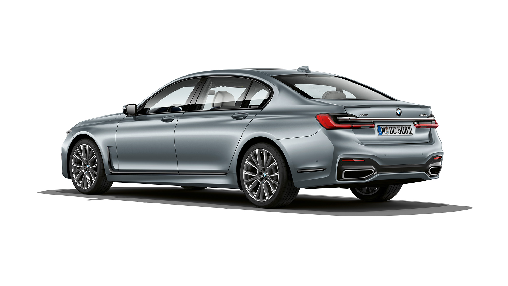 Grey BMW 7 Series Sedan M Sport package in three-quarter rear view